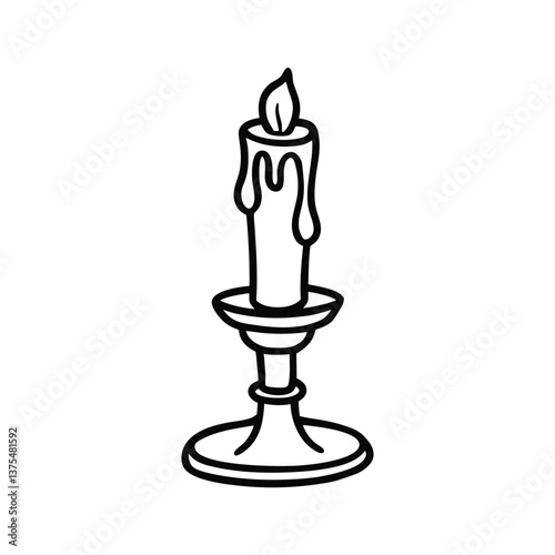 Line art drawing of a vintage candlestick holder with a partially melted candle vector illustration.eps