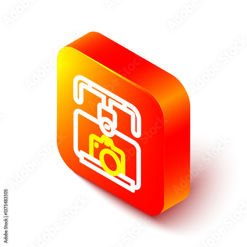 Isometric line Gimbal stabilizer with DSLR camera icon isolated on white background. Orange square button. Vector