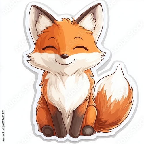 Adorable cartoon fox sitting with eyes closed and a big smile, cute fluffy tail and friendly look.