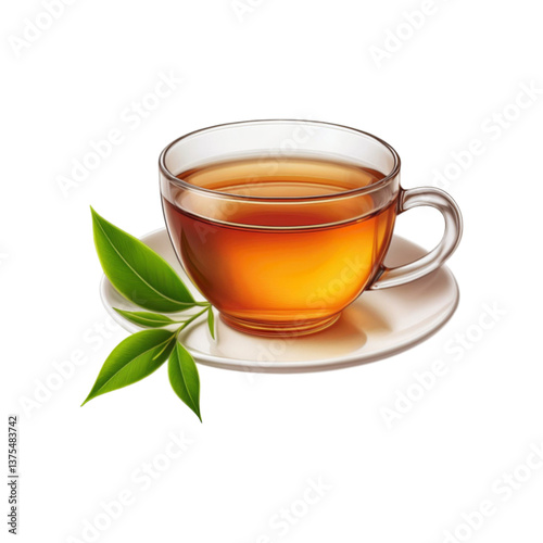 White cup of tea with tea leaf on transparent background