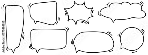 Empty hand drawn speech bubbles set in doodle style. Vector balloon speak sign dialog, chat box, Communication Frames. Cartoon Cloud message blank for comics, idea, thoughts, quote, information.