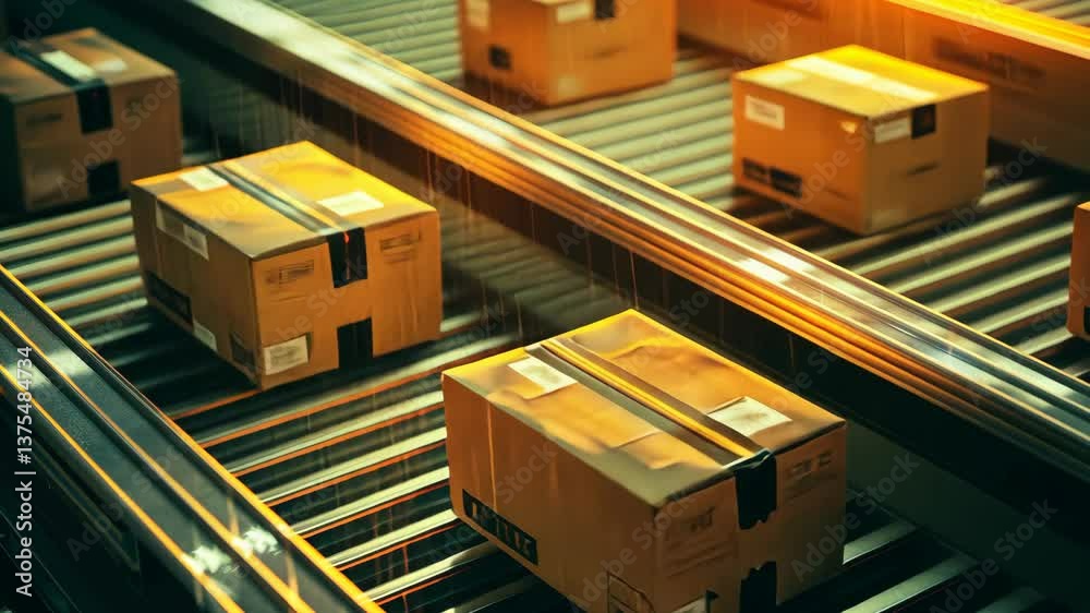 Packages are being transported on a conveyor system in a large distribution center, highlighting efficient logistics operations Packages are being transported on a conveyor system in a large distribution center, highlighting efficient logistics operations
