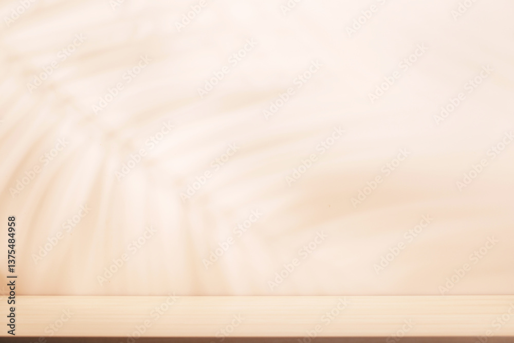 Template with empty table and wall with natural plant shadow and sunny glare Template with empty table and wall with natural plant shadow and sunny glare