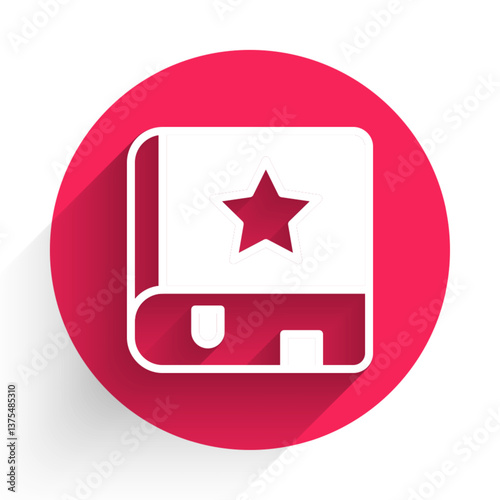 White Ancient magic book with alchemy recipes and mystic spells and enchantments icon isolated with long shadow. Red circle button. Vector