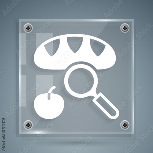 White Searching for food icon isolated on grey background. Homelessness and poverty concept. Square glass panels. Vector