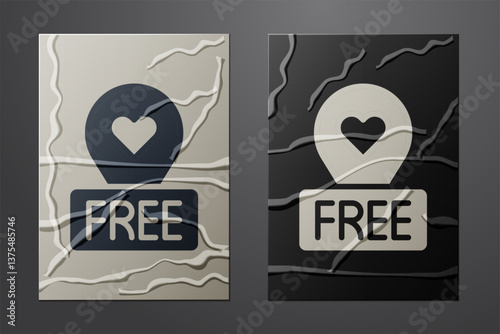 White Map pointer with heart icon isolated on crumpled paper background. Valentines day. Love location. Romantic map pin. Paper art style. Vector