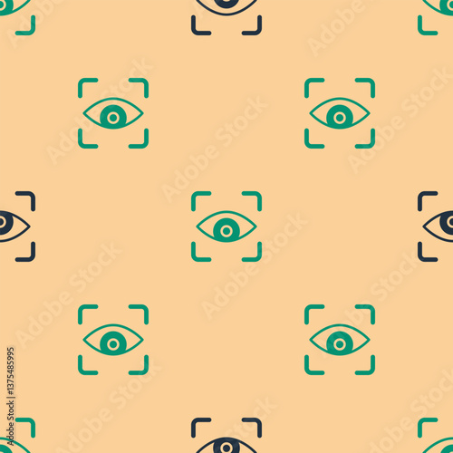 Green and black Eye scan icon isolated seamless pattern on beige background. Scanning eye. Security check symbol. Cyber eye sign. Vector
