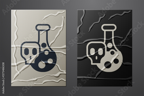 White Laboratory chemical beaker with toxic liquid icon isolated on crumpled paper background. Biohazard symbol. Dangerous symbol with radiation icon. Paper art style. Vector