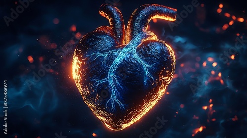 Realistic 3d render of a human heart with glowing blue veins emphasizing structure and function