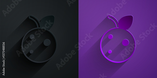 Paper cut Peach fruit or nectarine with leaf icon isolated on black on purple background. Paper art style. Vector