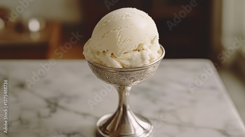 Vanilla ice cream in vintage silver dish on marble surface