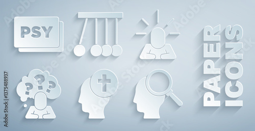 Set Man graves funeral sorrow, Depression, Head with question mark, Finding problem, Pendulum and Psychology, Psi icon. Vector
