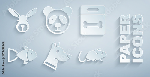 Set Dog head, bone, Fish, Rat, Cute panda face and Rabbit icon. Vector
