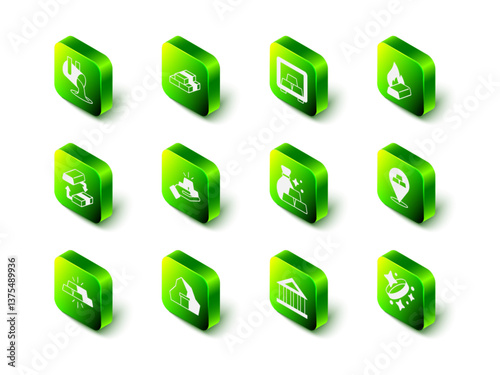 Set Stacks paper money cash, Safe with gold bars, Molten being poured, Gold, ring, Bag of, Bank building and mine icon. Vector