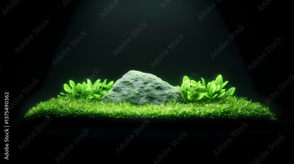 Fototapeta premium Green grass, stone, dark background, Nature scene with rock and plants