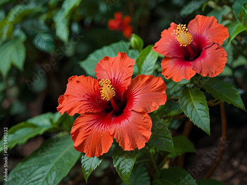 Red coloured joba ful , jhumko joba, Hibiscus Rosa Sinensis, at her home garden. 