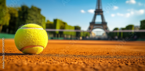 Tennis ball on the clay tennis court in Paris background