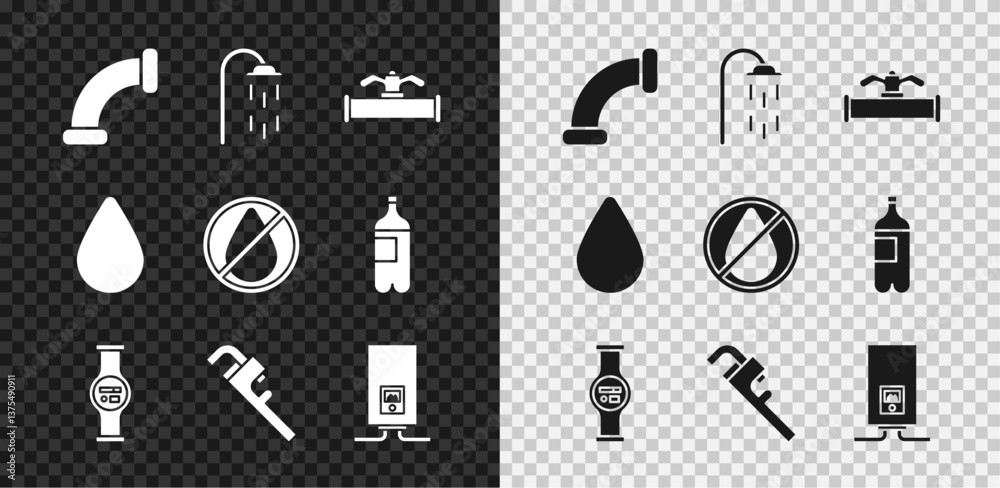 Fototapeta premium Set Industry metallic pipe, Shower, and valve, Water meter, Pipe adjustable wrench, Gas boiler with burning fire, drop and forbidden icon. Vector