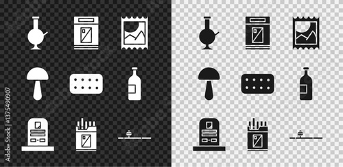 Set Glass bong for smoking marijuana, Cigarettes pack box, LSD acid mark, Tombstone with RIP written, Open cigarettes, Opium pipe, Psilocybin mushroom and Pills blister icon. Vector