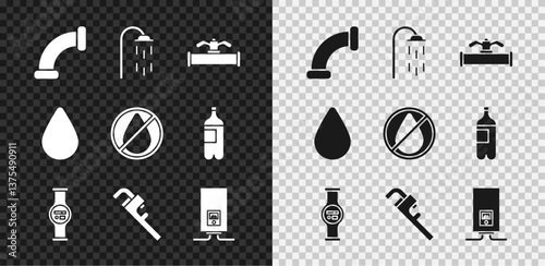 Set Industry metallic pipe, Shower, and valve, Water meter, Pipe adjustable wrench, Gas boiler with burning fire, drop and forbidden icon. Vector