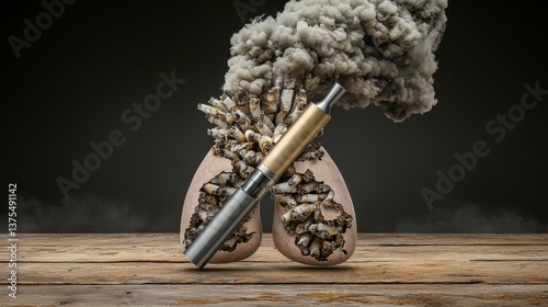 Impact of vaping on lung health in dark environment conceptual art smoke and lungs close-up view