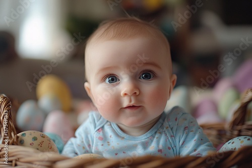 Innocence Unveiled: Captivating close-up portrait of a baby, adorned with a tender expression, captured amidst an intimate domestic setting with a playful Easter touch.