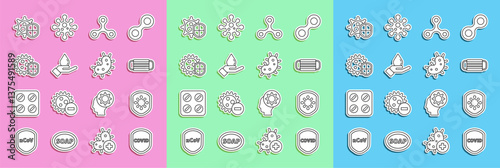 Set line Shield protecting from virus, Medical protective mask, Virus, Washing hands with soap, and icon. Vector