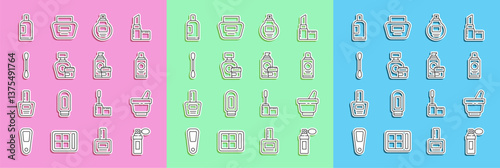 Set line Perfume, Mortar and pestle, Bottle of shampoo, Cream lotion cosmetic tube, Cotton swab for ears, and icon. Vector