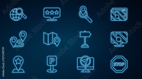 Set line Stop sign, Infographic of city map navigation, Search location, Folded with marker, Route, Magnifying glass globe, Road traffic and Map pointer star icon. Vector