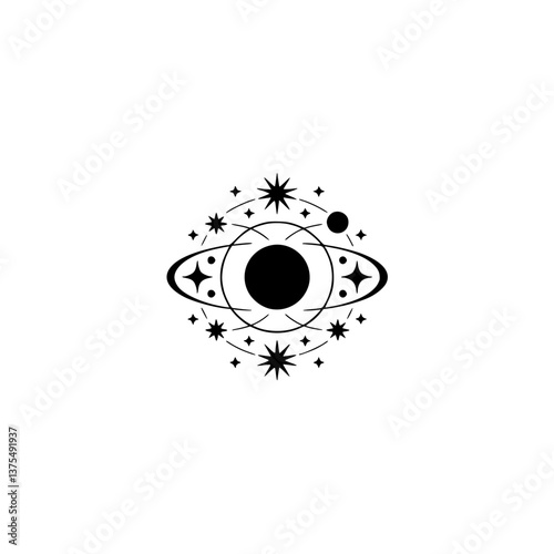 Celestial Eye: Minimalist Space Icon with Stars and Planets