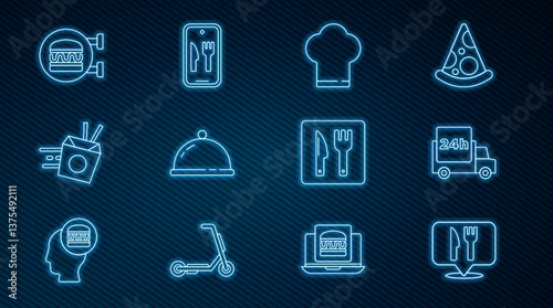 Set line Cafe and restaurant location, Fast delivery by car, Chef hat, Covered with tray of food, Online ordering noodles, burger, and icon. Vector
