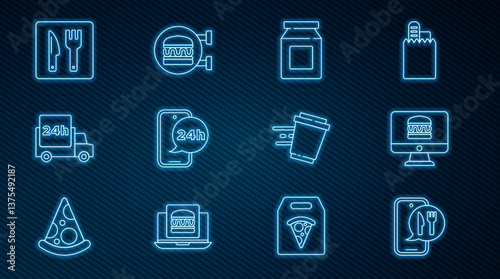 Set line Online ordering and delivery, Food, Fast by car, Cafe restaurant location, Coffee cup to go and burger icon. Vector