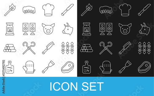 Set line Steak meat, Grilled shish kebab, Cow head, Chef hat, Stereo speaker, Barbecue coal bag, Burning match with fire and Pig icon. Vector