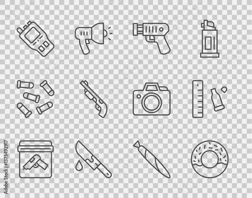 Set line Evidence bag with gun, Donut, Police electric shocker, Bloody knife, Walkie talkie, shotgun, Marijuana joint and Bullet casing ruler icon. Vector