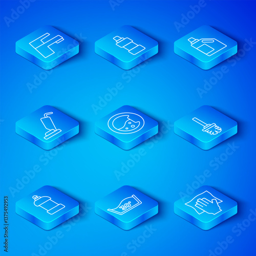 Set line Bottle for cleaning agent, Washer, Temperature wash, Toilet brush, Vacuum cleaner, Water tap and Cleaning service icon. Vector