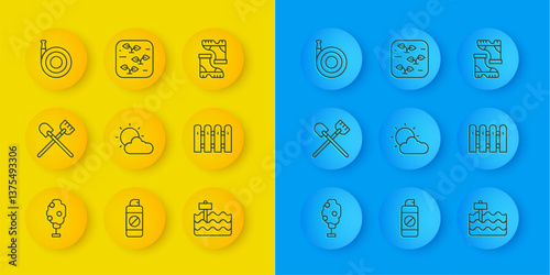 Set line Tree with apple, Shovel, Sun and cloud weather, Garden bed, fence wooden, hose, Waterproof rubber boot and Plant icon. Vector