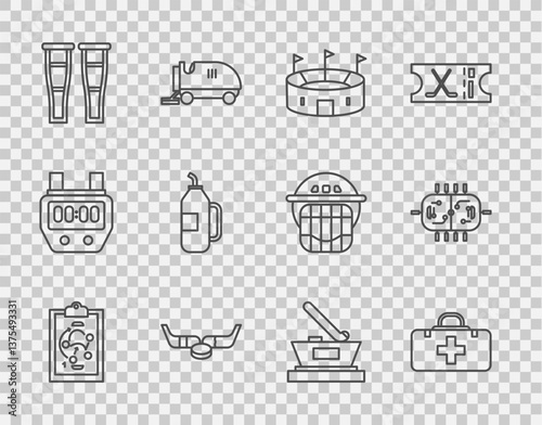 Set line Planning strategy, First aid kit, Hockey stadium, Ice hockey sticks and puck, Crutch or crutches, Fitness shaker, cup champion and table icon. Vector