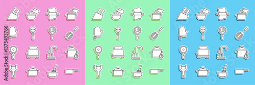 Set line Saucepan, Cooking pot, Kitchen whisk, Rolling pin on dough, Spatula, Oven glove, Knife and Fried eggs frying icon. Vector