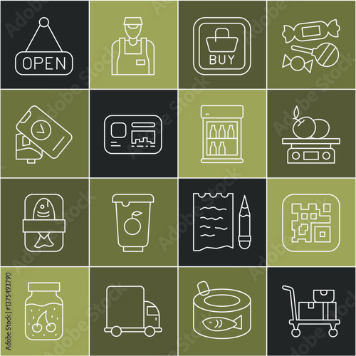 Set line Hand truck and boxes, QR code, Electronic scales for product, Buy button, Identification badge, POS terminal, Hanging sign with Open and Commercial refrigerator icon. Vector