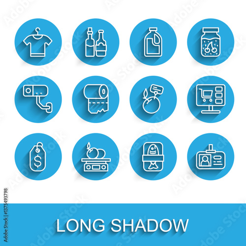 Set line Price tag with dollar, T-shirt, Fish plastic tray container, Identification badge, Toilet paper roll, Shopping cart computer and Supermarket food products price label icon. Vector
