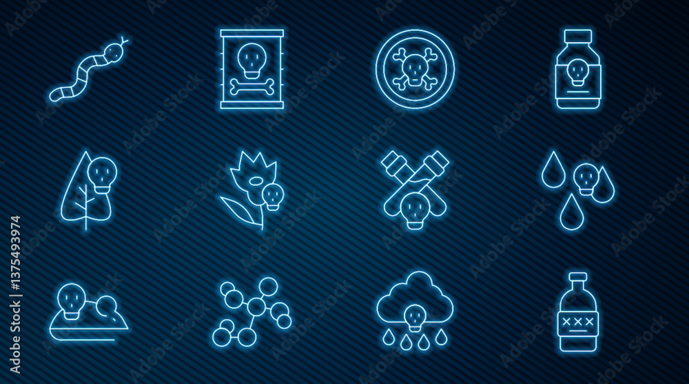 Set line Poisoned alcohol, Acid rain, Bones and skull, flower, Snake, Bottle with potion and Radioactive waste barrel icon. Vector Set line Poisoned alcohol, Acid rain, Bones and skull, flower, Snake, Bottle with potion and Radioactive waste barrel icon. Vector