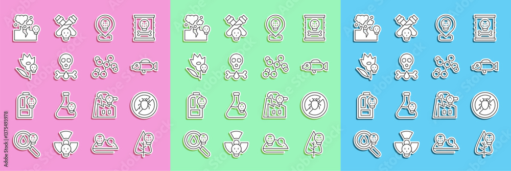 Set line Poison flower, Stop colorado beetle, Puffer fish, Radioactive in location, Bones and skull, Poisonous cloud of gas smoke and Chemical formula icon. Vector