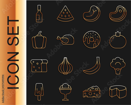 Set line Cheese, Broccoli, Tomato, Steak meat, Roasted turkey or chicken, Bell pepper, Tabasco sauce and Donut icon. Vector