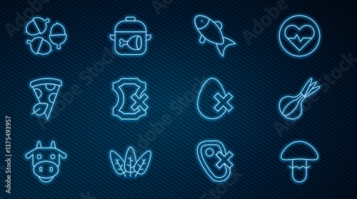 Set line Mushroom, Onion, Fish, No leather, Vegan pizza slice, Acorn, egg and Cooking pot and chicken leg icon. Vector