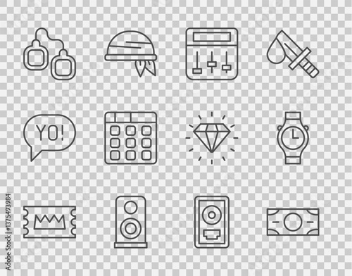 Set line Concert ticket, Stacks paper money cash, Drum machine music, Stereo speaker, Handcuffs, CD disk award frame and Wrist watch icon. Vector