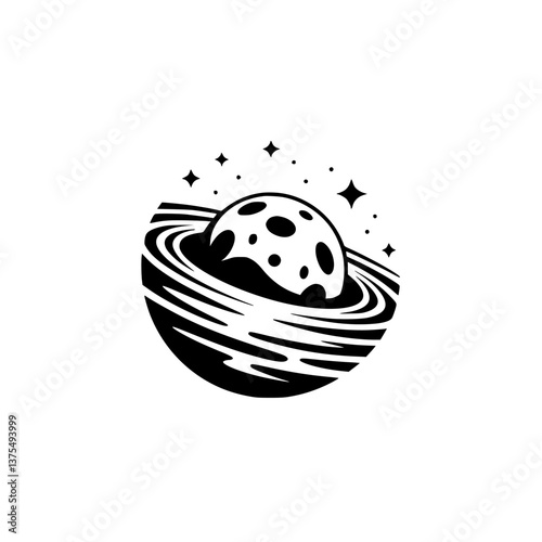 Black and White Cosmic Planet Logo: Universe, Stars and Moon Icon