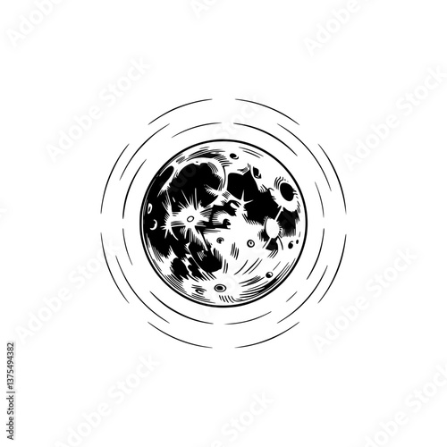 Engraved Full Moon Illustration with Orbit Lines - Black & White