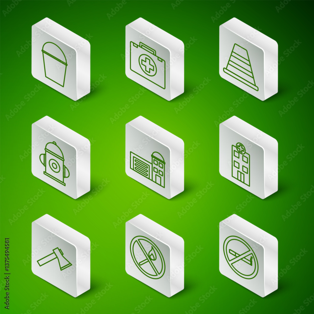 Set line No Smoking, fire match, Fire bucket, Building of station, hydrant, First aid kit, Firefighter axe and Medical hospital building icon. Vector Set line No Smoking, fire match, Fire bucket, Building of station, hydrant, First aid kit, Firefighter axe and Medical hospital building icon. Vector