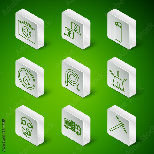 Set line Pickaxe, Fire truck, First aid kit, hose reel, flame, Phone with emergency call 911, Gas mask and Flasher siren icon. Vector