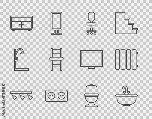 Set line Led track lights and lamps, Washbasin with water tap, Office chair, Electrical outlet, Chest of drawers, Chair, Toilet bowl and Heating radiator icon. Vector